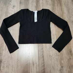 Zara Nlack Ribbed Long-sleeve Scoop Neck Crop Top Women's Size M-L